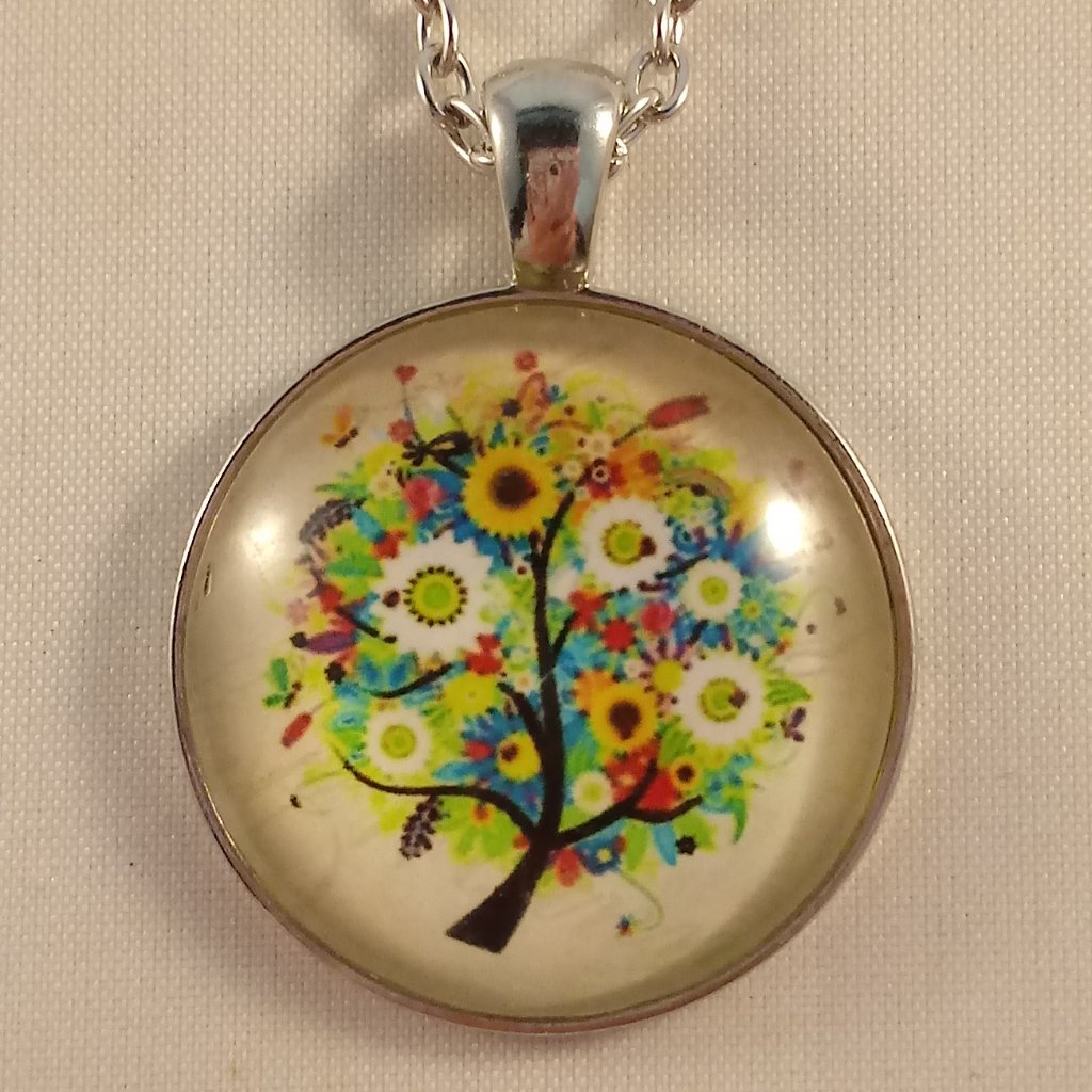 Silver Flower Tree Of Life Cabochon Necklace 20$